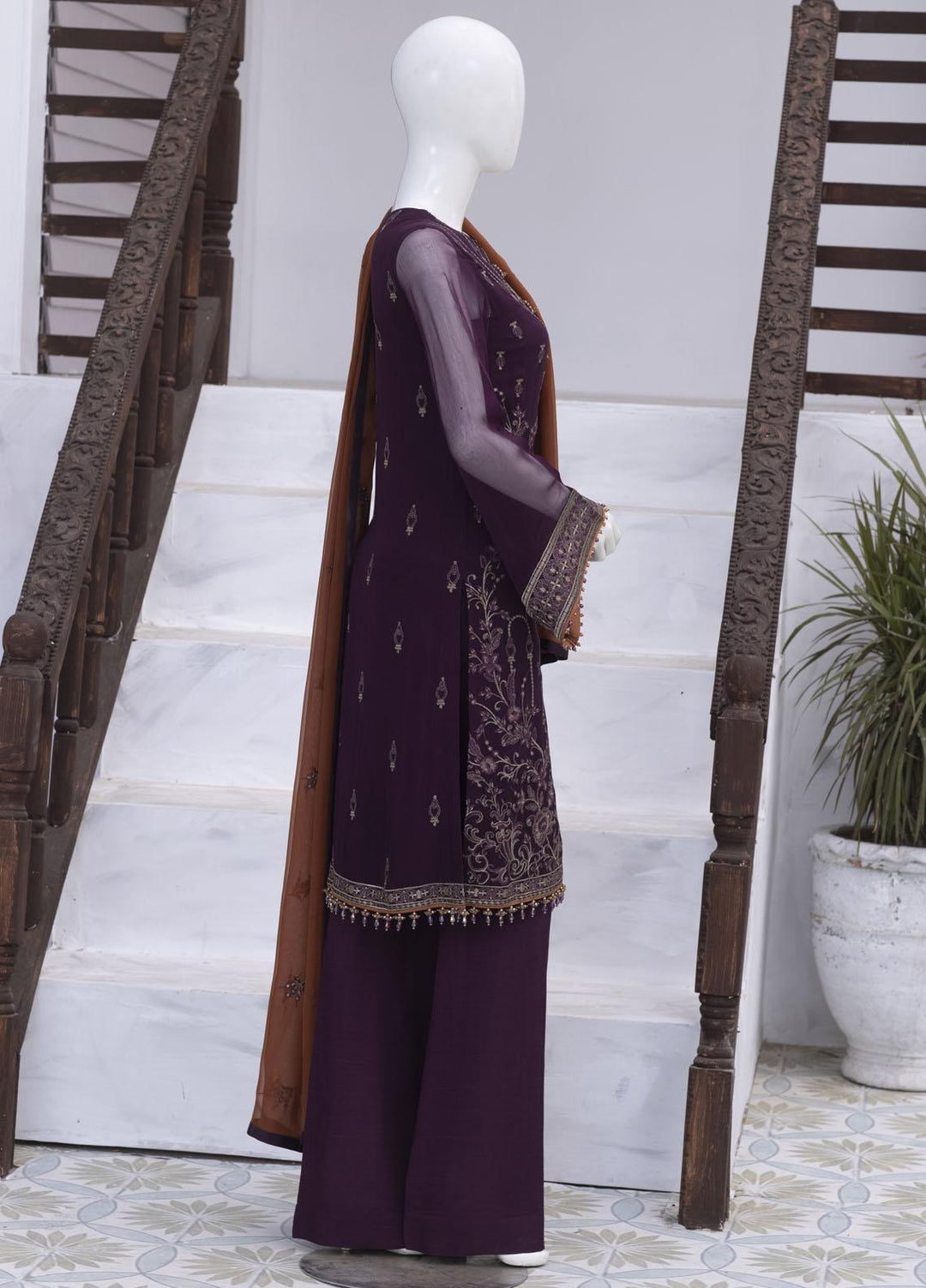 Flossie Embroidered Chiffon Suits Unstitched 3 Piece FS23NF N-709 Mauve Vine - Festive Collection