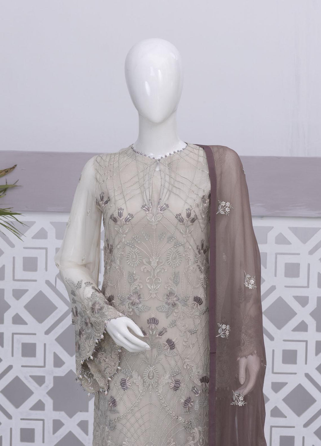 Flossie Embroidered Chiffon Suits Unstitched 3 Piece FS23NF N-710 Eggnog - Festive Collection