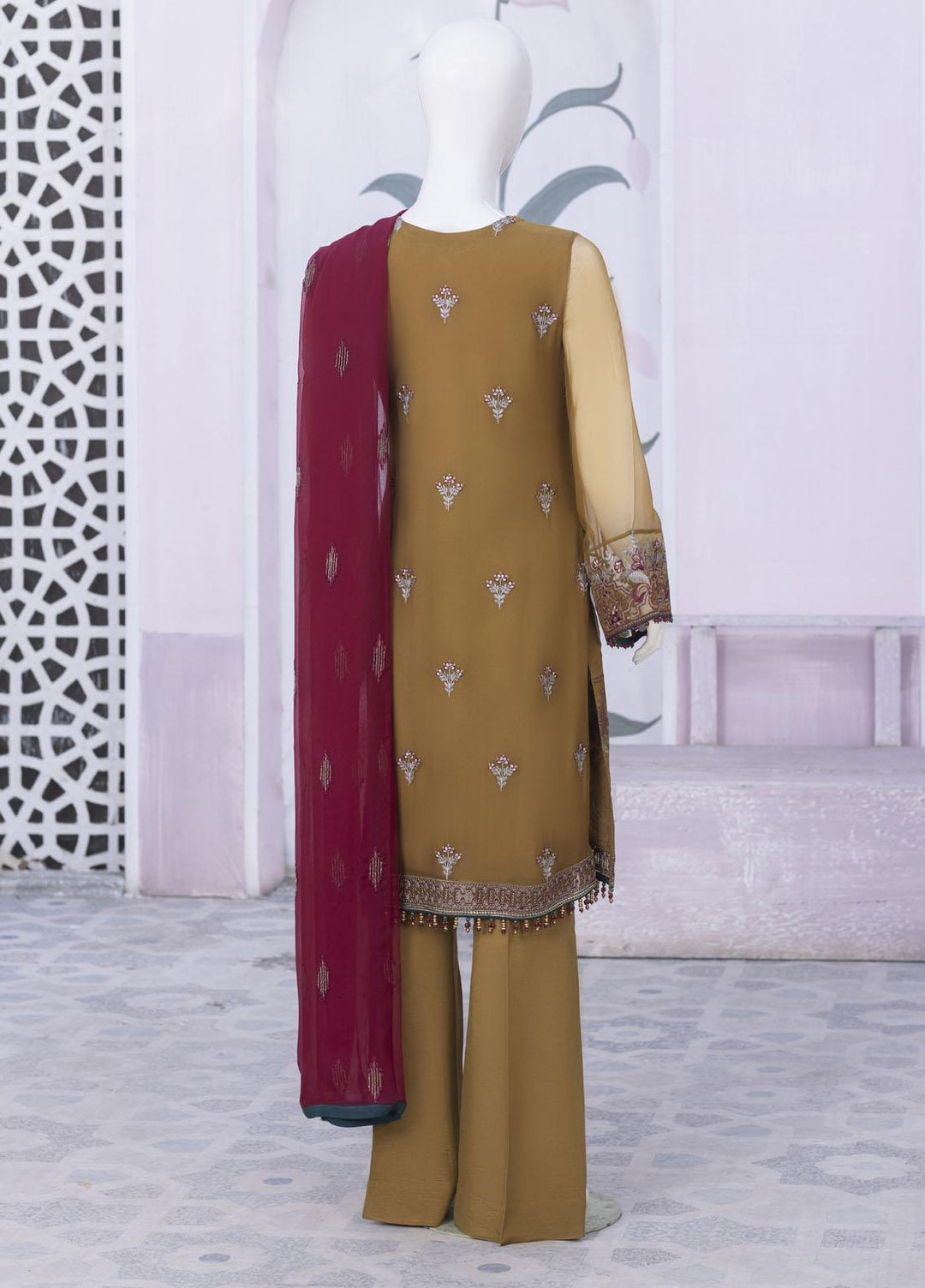 Flossie Embroidered Chiffon Suits Unstitched 3 Piece FS23NF N-801 Raw Sienna - Festive Collection