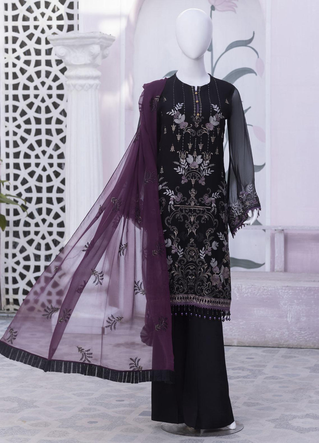 Flossie Embroidered Chiffon Suits Unstitched 3 Piece FS23NF N-802 Black Coffee - Festive Collection