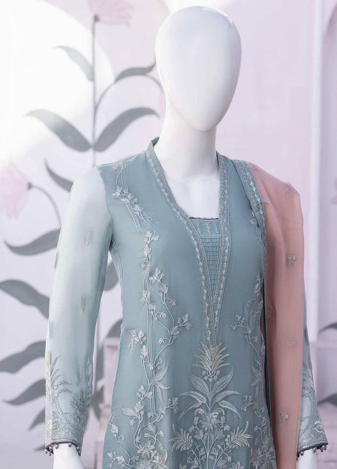 Flossie Embroidered Chiffon Suits Unstitched 3 Piece FS23NF N-803 Dusty Jade - Festive Collection