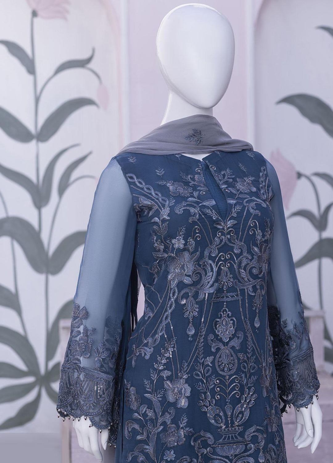 Flossie Embroidered Chiffon Suits Unstitched 3 Piece FS23NF N-805 Blue Stone - Festive Collection