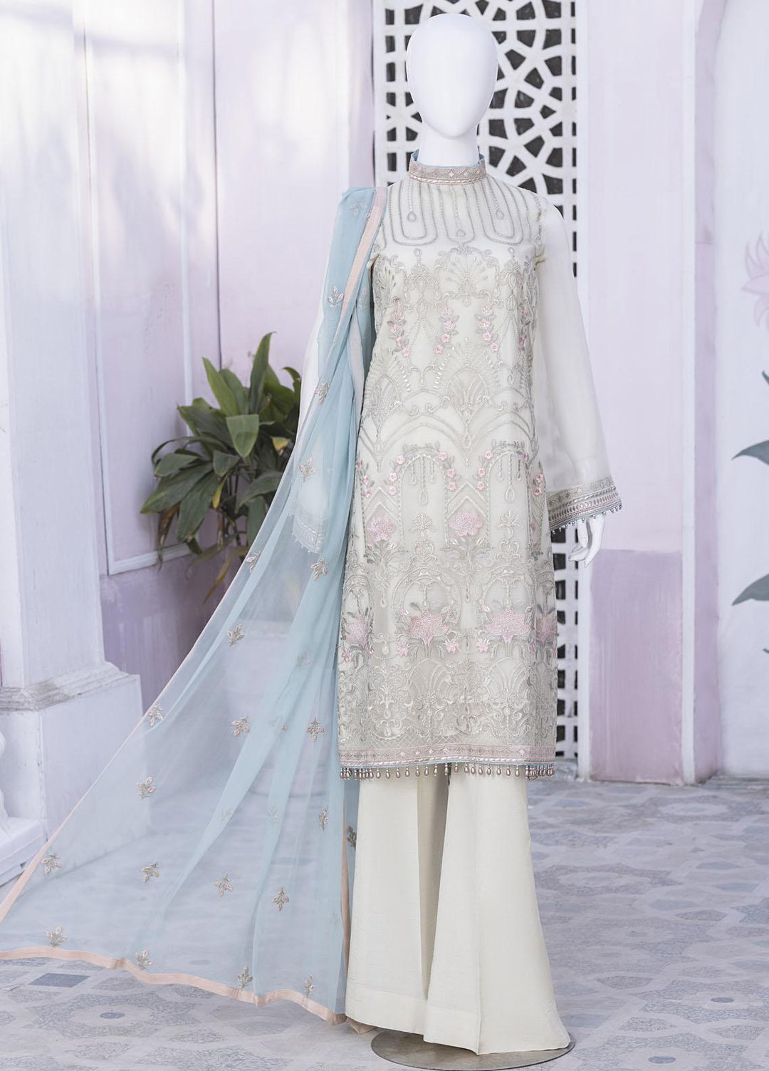 Flossie Embroidered Chiffon Suits Unstitched 3 Piece FS23NF N-807 Pear Sorbet - Festive Collection
