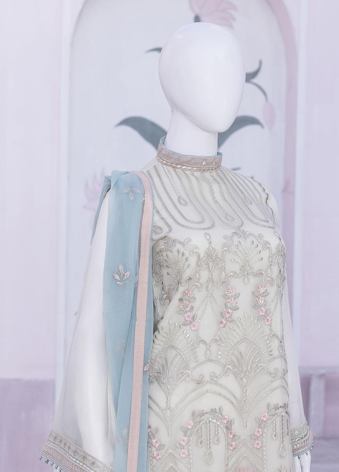 Flossie Embroidered Chiffon Suits Unstitched 3 Piece FS23NF N-807 Pear Sorbet - Festive Collection