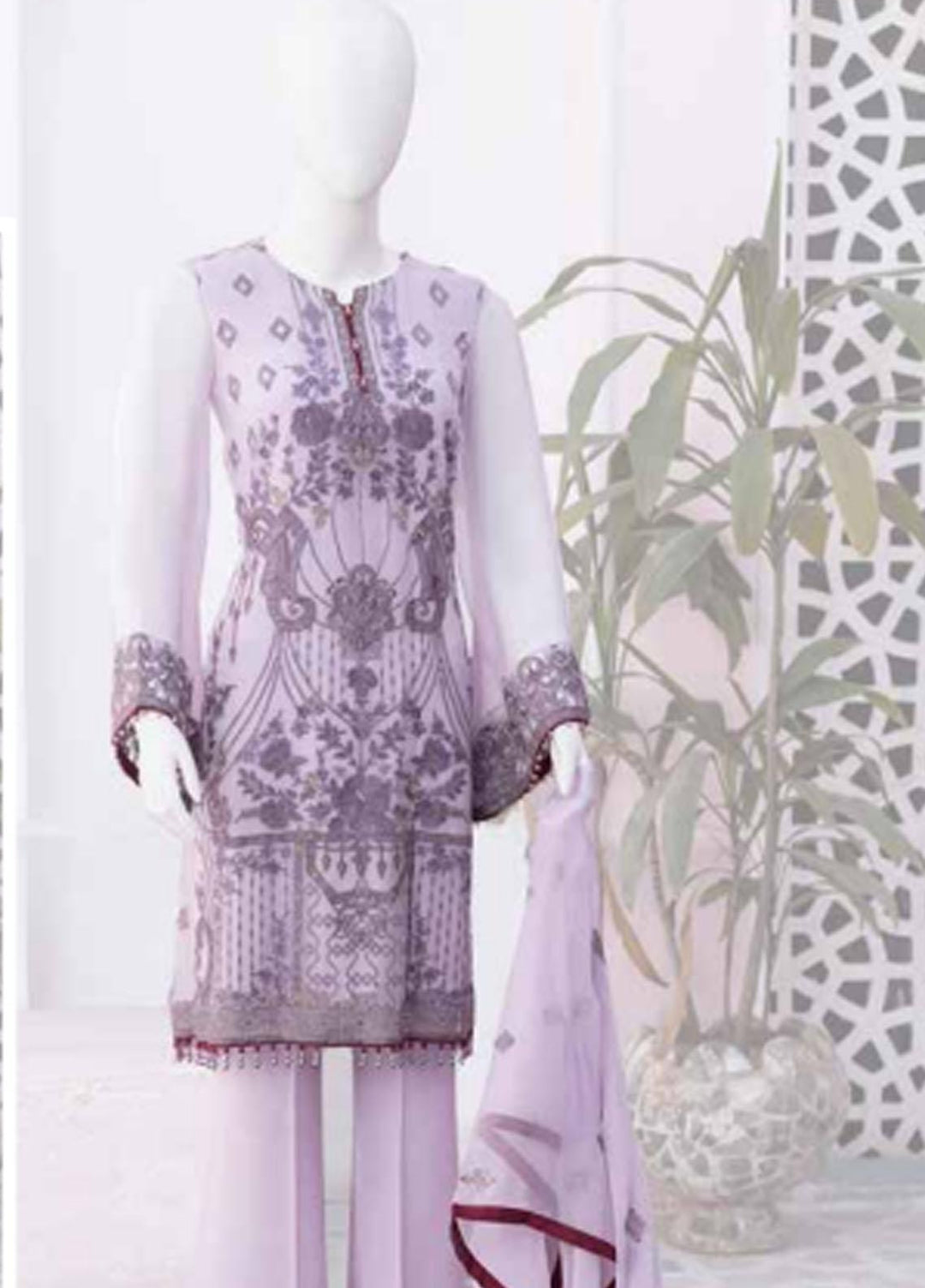 Flossie Embroidered Chiffon Suits Unstitched 3 Piece FS23NF N-809 Lavendor Fog - Festive Collection