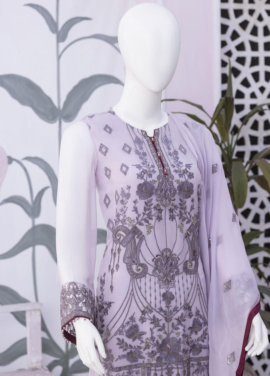 Flossie Embroidered Chiffon Suits Unstitched 3 Piece FS23NF N-809 Lavendor Fog - Festive Collection