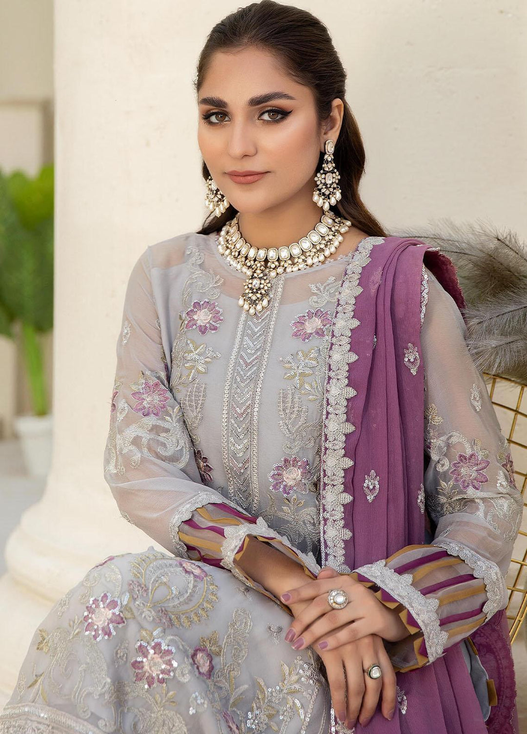 Naqsh Majestic By Imrozia Premium Embroidered Chiffon Suits Unstitched 3 Piece IMP23NM M-57 Ivy - Festive Collection