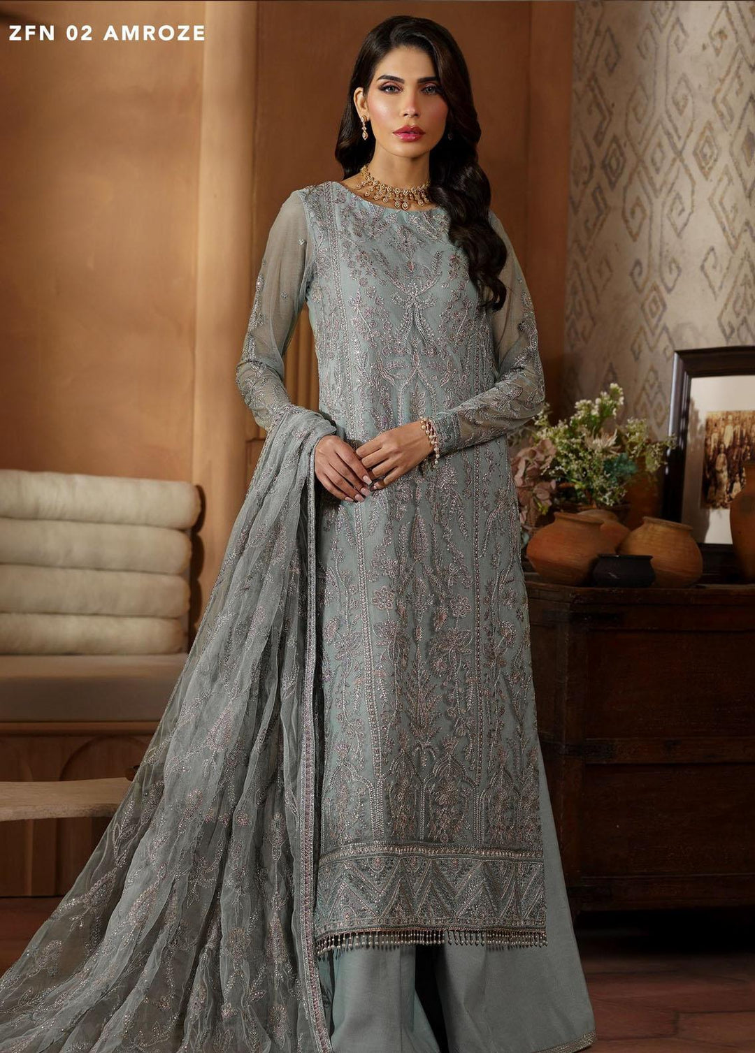 Nauroz By Zarif Embroidered Net Suits Unstitched 3 Piece ZR25UF ZFN 02 Amroze - Festive Collection