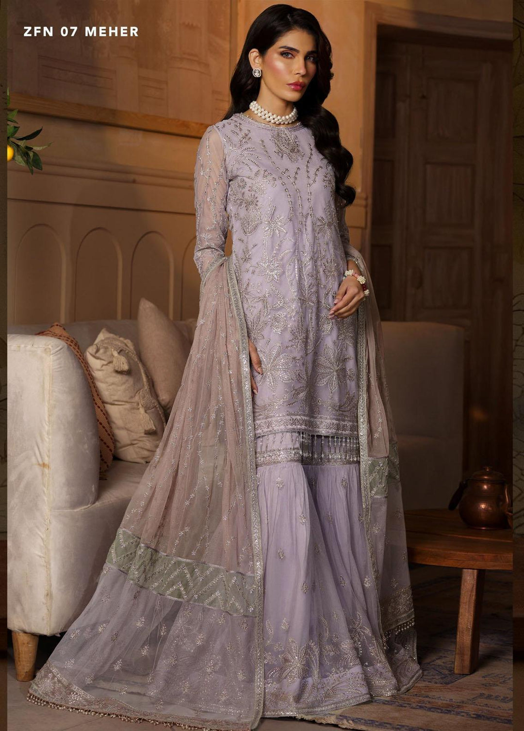 Nauroz By Zarif Embroidered Net Suits Unstitched 3 Piece ZR25UF ZFN 07 Meher - Festive Collection