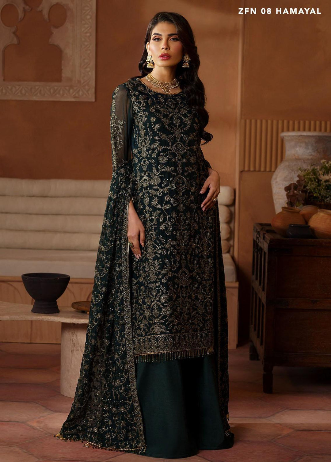 Nauroz By Zarif Embroidered Chiffon Suits Unstitched 3 Piece ZR25UF ZFN 08 Hamayal - Festive Collection