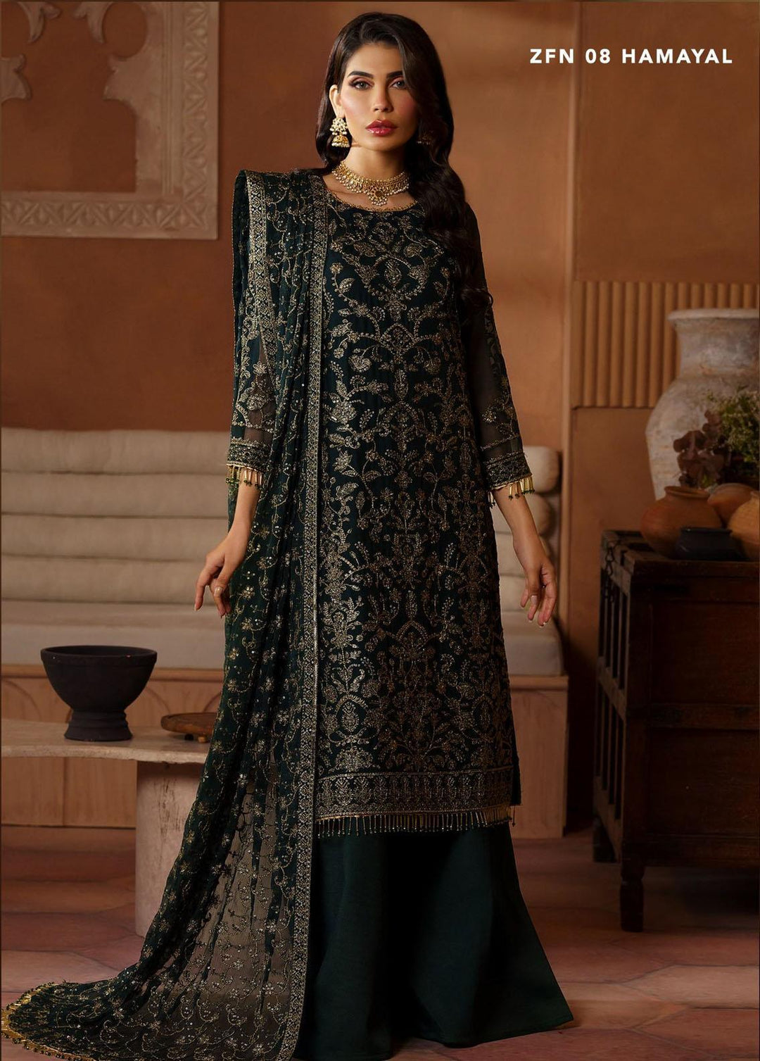 Nauroz By Zarif Embroidered Chiffon Suits Unstitched 3 Piece ZR25UF ZFN 08 Hamayal - Festive Collection