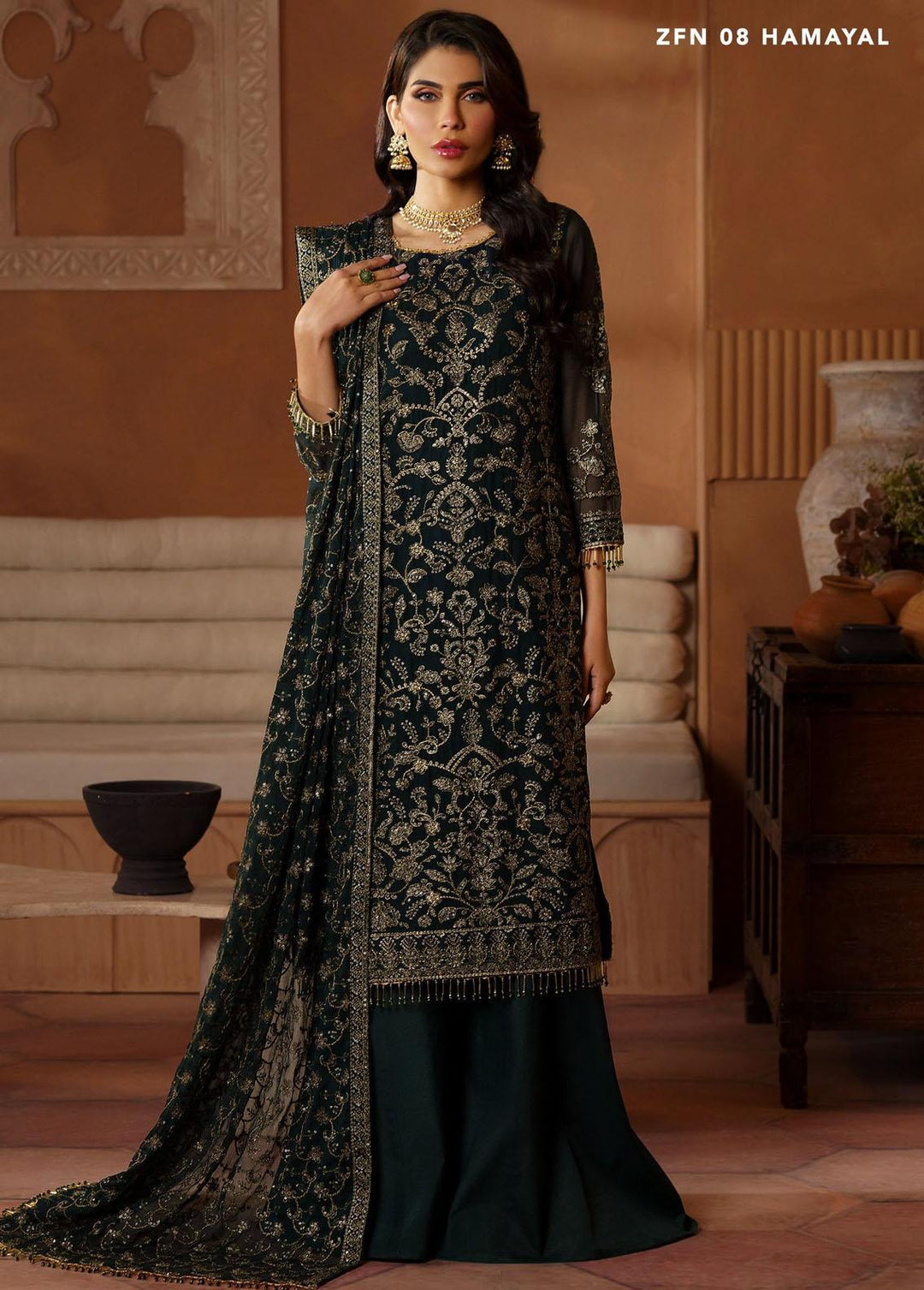 Nauroz By Zarif Embroidered Chiffon Suits Unstitched 3 Piece ZR25UF ZFN 08 Hamayal - Festive Collection