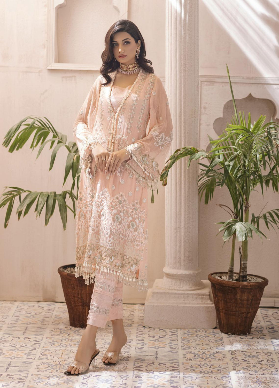 Naushad Imdad Embroidered Chiffon Suits Unstitched 3 Piece ND22LC NI-LC-001 PEARL PEACH - Luxury Collection
