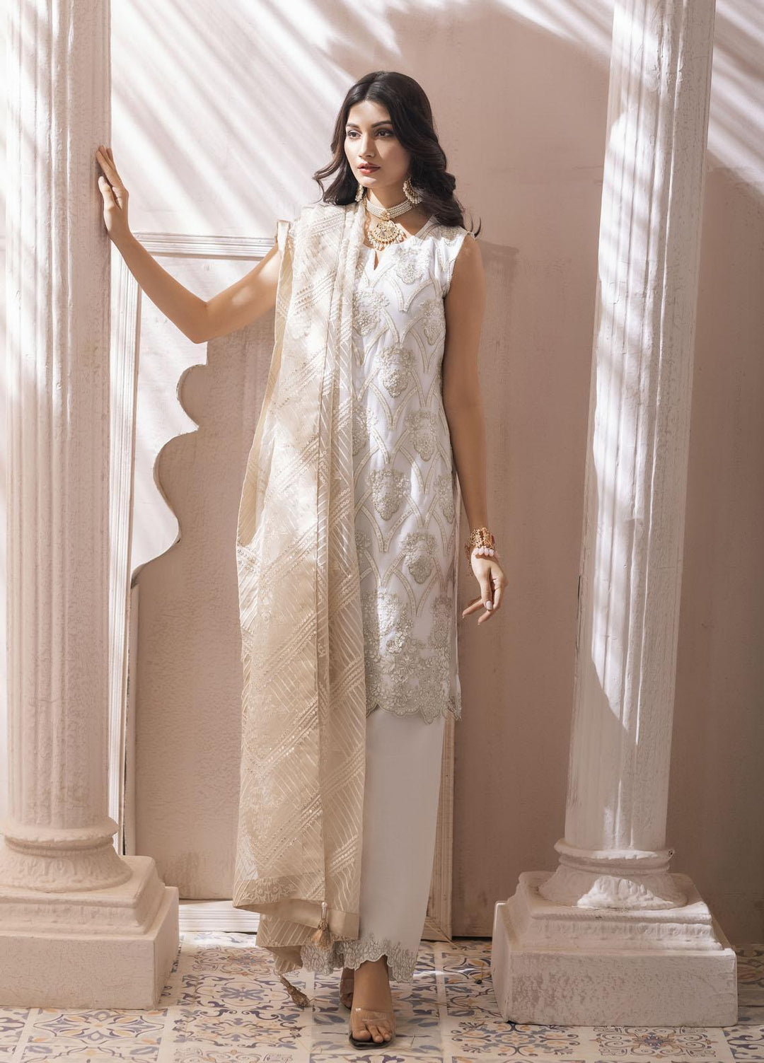 Naushad Imdad Embroidered Chiffon Suits Unstitched 3 Piece ND22LC NI-LC-003 IVORY BONE WHITE - Luxury Collection