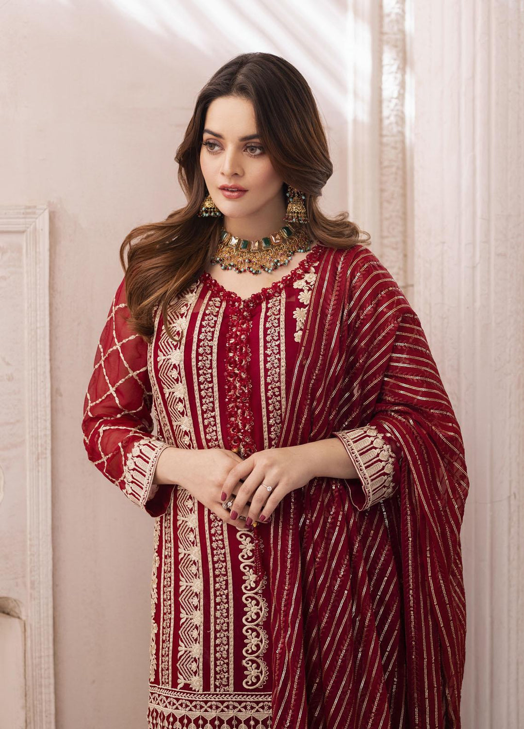 Naushad Imdad Embroidered Chiffon Suits Unstitched 3 Piece ND22LC NI-LC-005 RED FIESTA - Luxury Collection