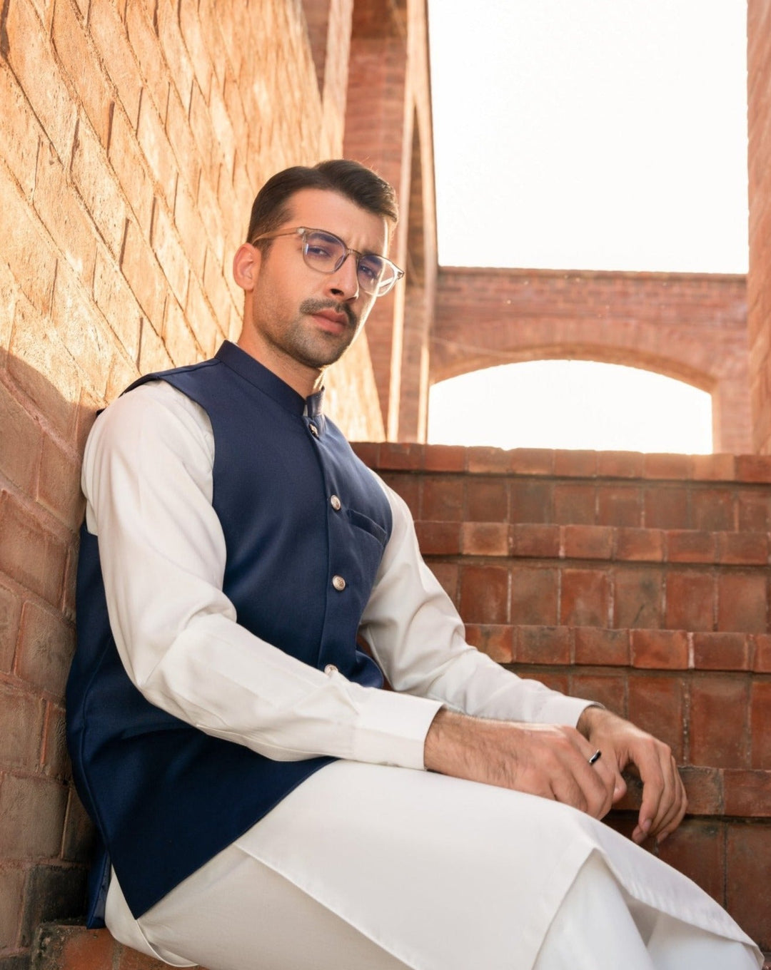 Muraqsh Ready To Wear Solids Cotton Men Off White Kameez Shalwar with Navy Blue Suiting Waistcoat Round Cut MUR-BO-KS - Summer Collection