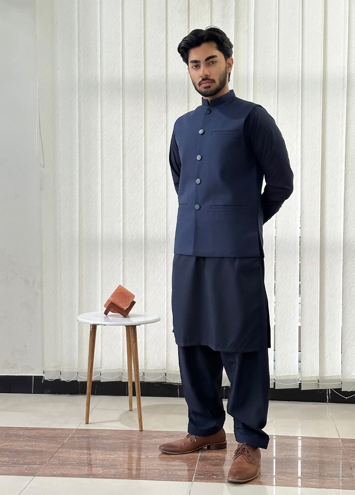Navy Blue Kurta Shalwar with Waistcoat