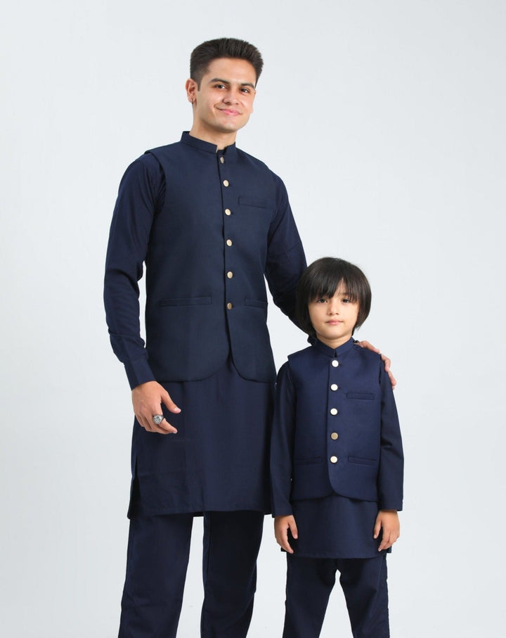 Muraqsh Ready To Wear Solids Cotton Men Navy Blue Suiting Waistcoat Round Cut MUR-NB - Summer Collection