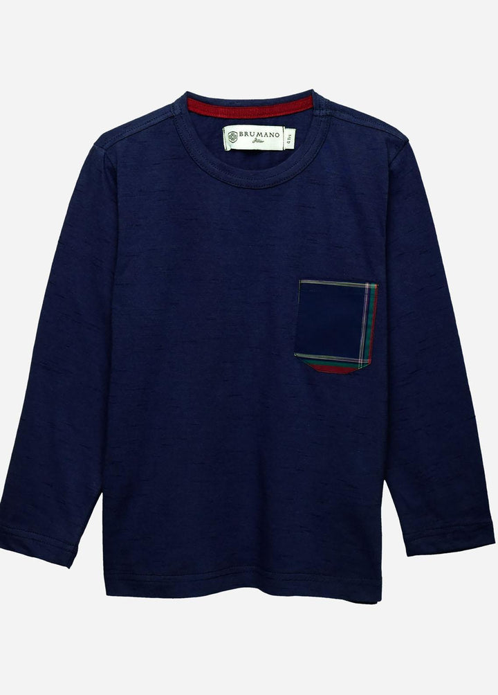 Brumano Cotton Casual T-Shirts for Boys -   Navy Full Sleeve T-Shirt With Contrasting Pocket - Junior