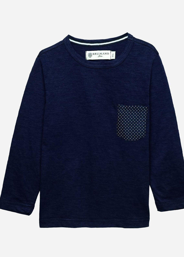 Brumano Cotton Casual T-Shirts for Boys -  Navy Inject Full Sleeve T-Shirt With Contrasting Pocket - Junior