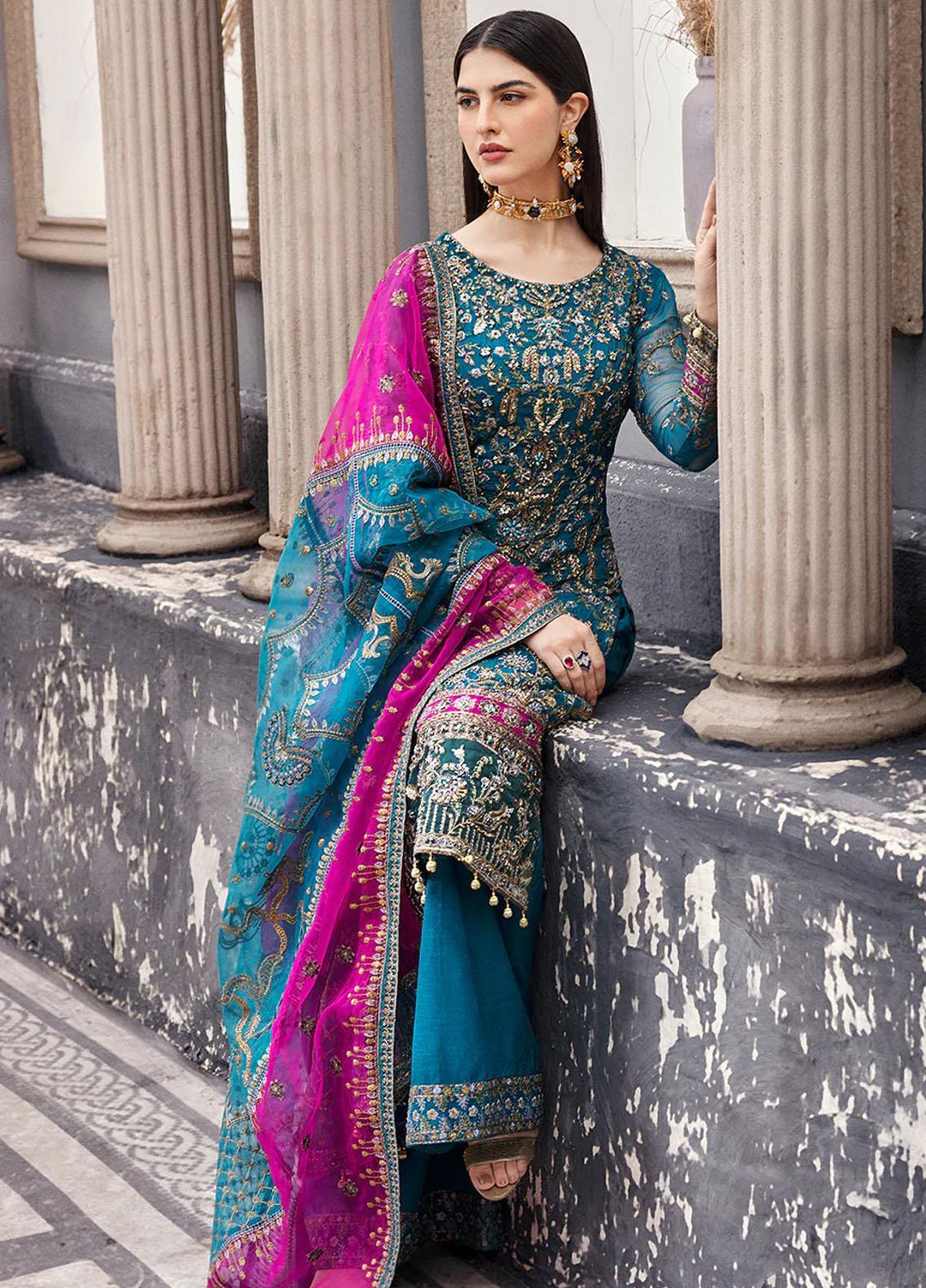 Nawabzadi By Emaan Adeel Embroidered Chiffon Suits Unstitched 3 Piece NZ23EA NW-05 - Luxury Collection