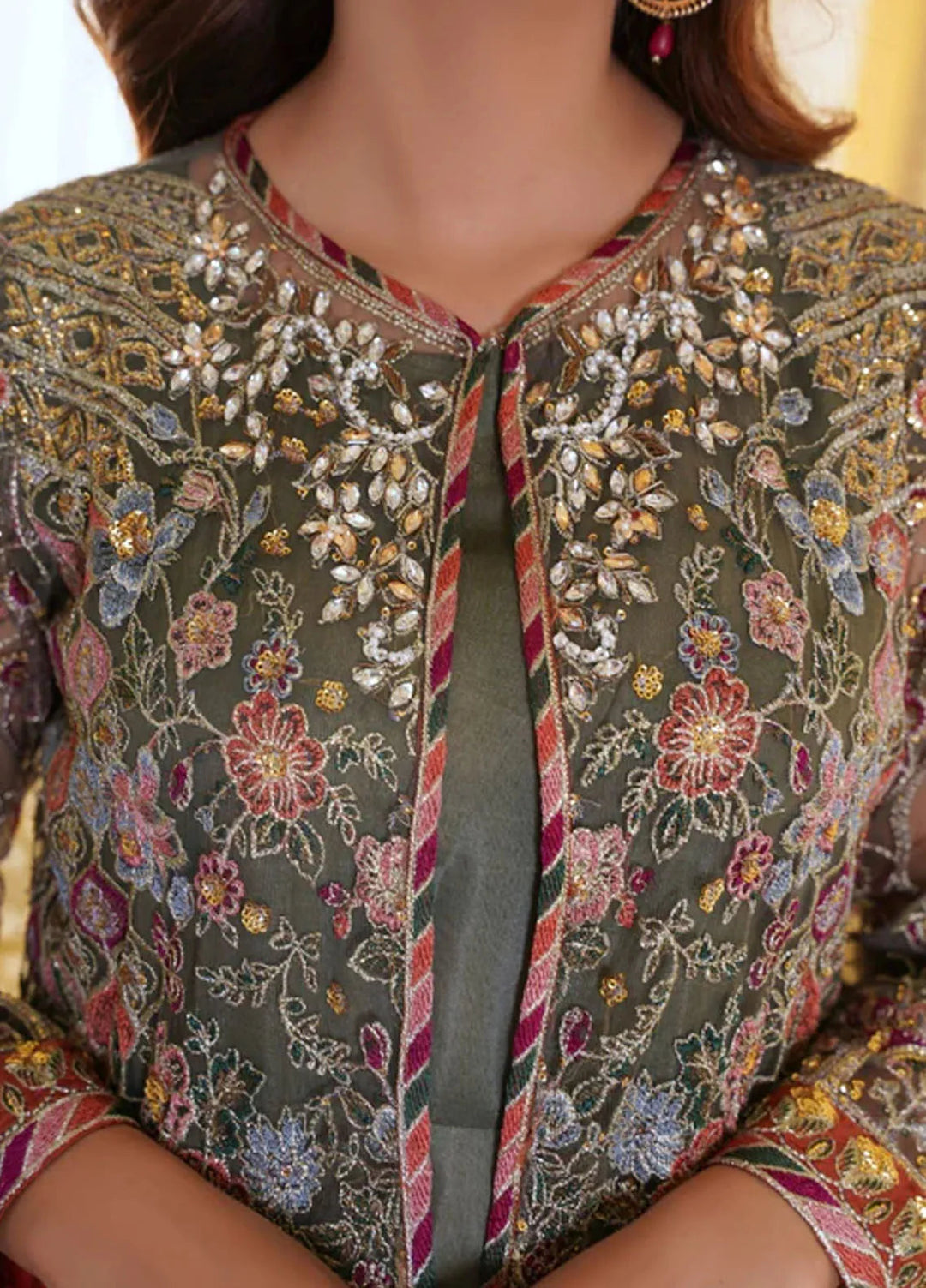 Naya Mausam by Gulnoor Pret Embroidered Bereze Net 3 Piece Suit Kalaakari Green