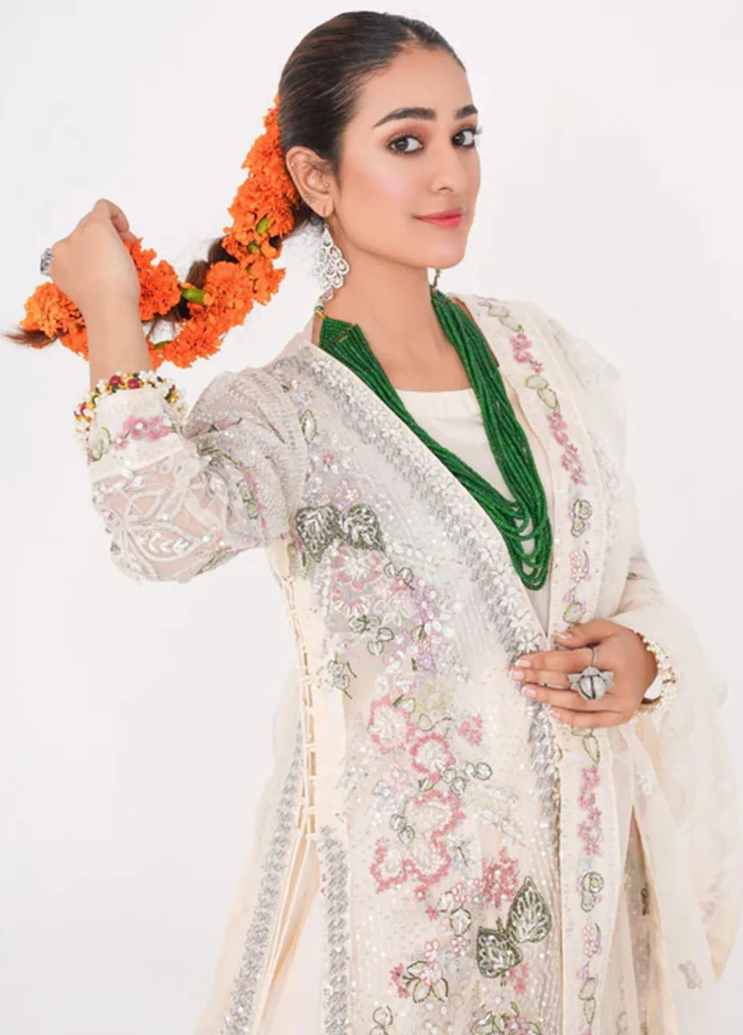 Naya Mausam by Gulnoor Pret Embroidered Bereze Net 3 Piece Suit Sajni Off White