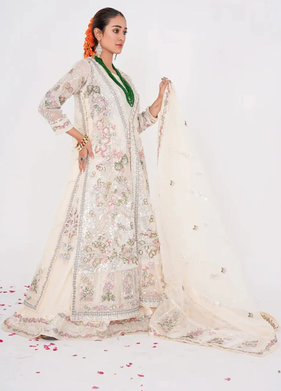 Naya Mausam by Gulnoor Pret Embroidered Bereze Net 3 Piece Suit Sajni Off White