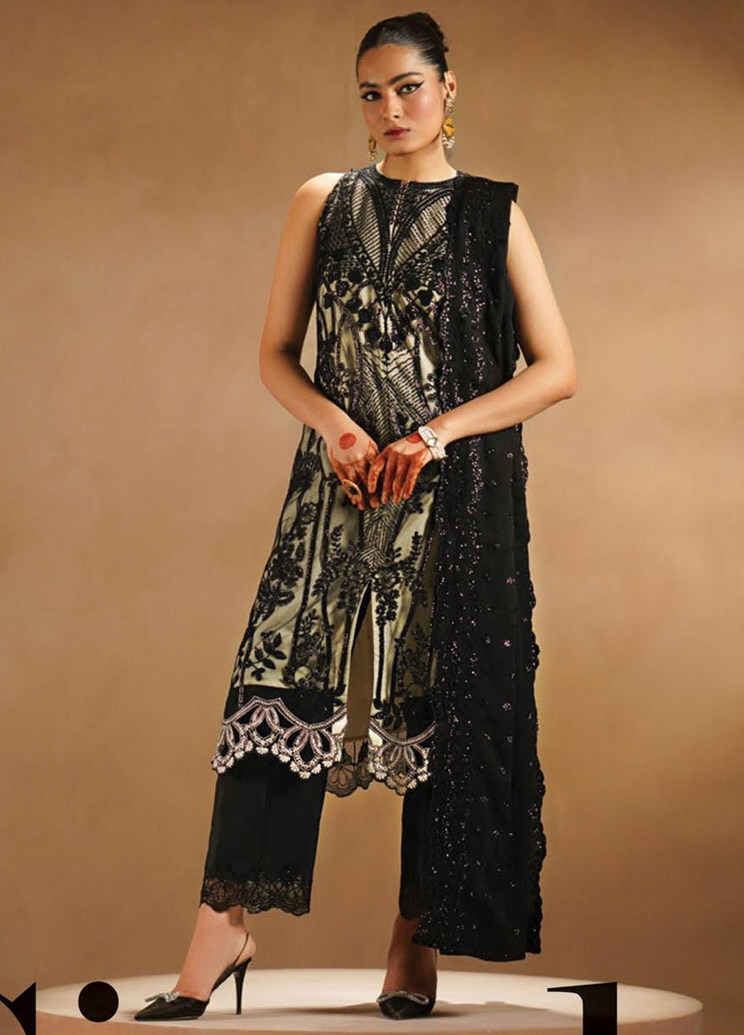 Nayab By Myeesha Embroidered Net Suits Unstitched 4 Piece MYA23N MF23-06 Siyaah - Festive Collection