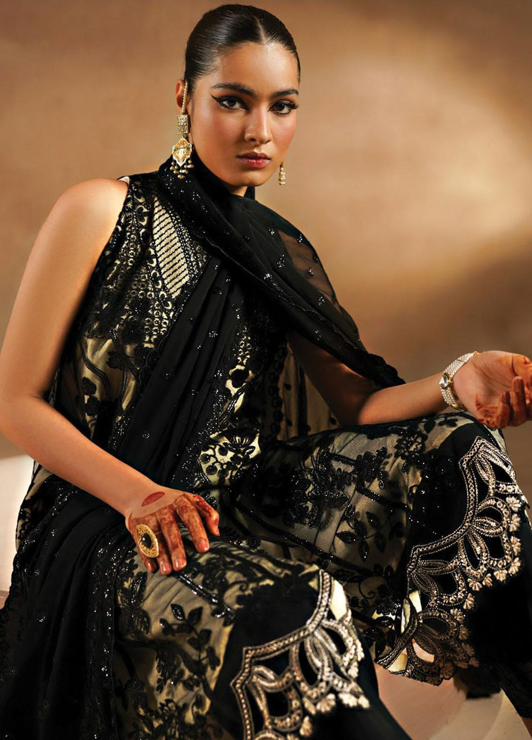 Nayab By Myeesha Embroidered Net Suits Unstitched 4 Piece MYA23N MF23-06 Siyaah - Festive Collection