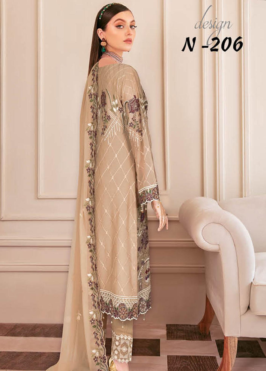 Nayab By Ramsha Embroidered Chiffon Suits Unstitched 3 Piece RSH23-N2 N-206 - Luxury Collection