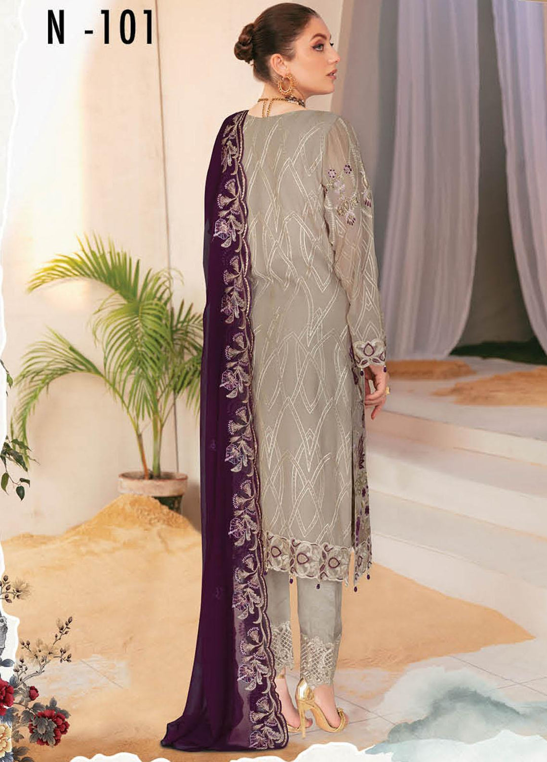 Nayab By Ramsha Embroidered Chiffon Suits Unstitched 3 Piece RSH23N N-101 - Festive Collection
