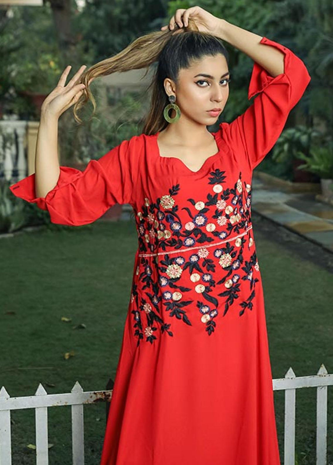 Nazmina Pret Embroidered Crepe Frock NZ23F NE-31 RUBY RED