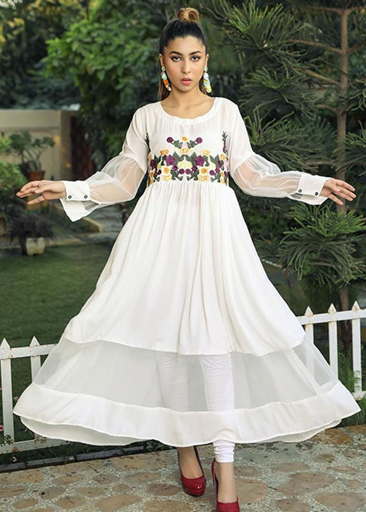 Nazmina Pret Embroidered Crepe Frock NZ23F NE-33 WHITE BASE FLORISTRY