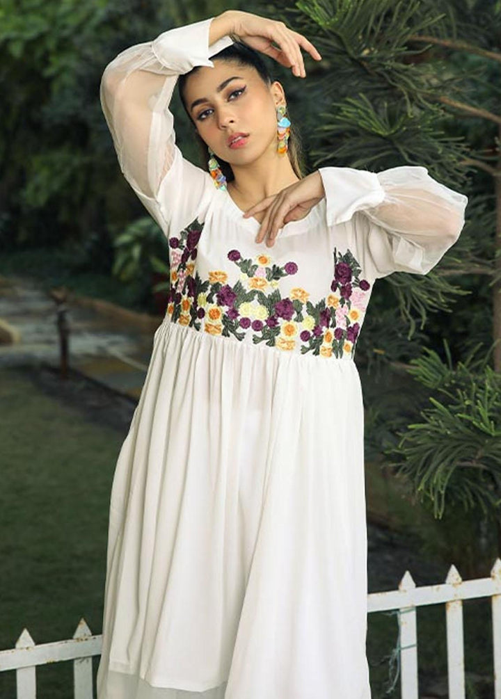 Nazmina Pret Embroidered Crepe Frock NZ23F NE-33 WHITE BASE FLORISTRY