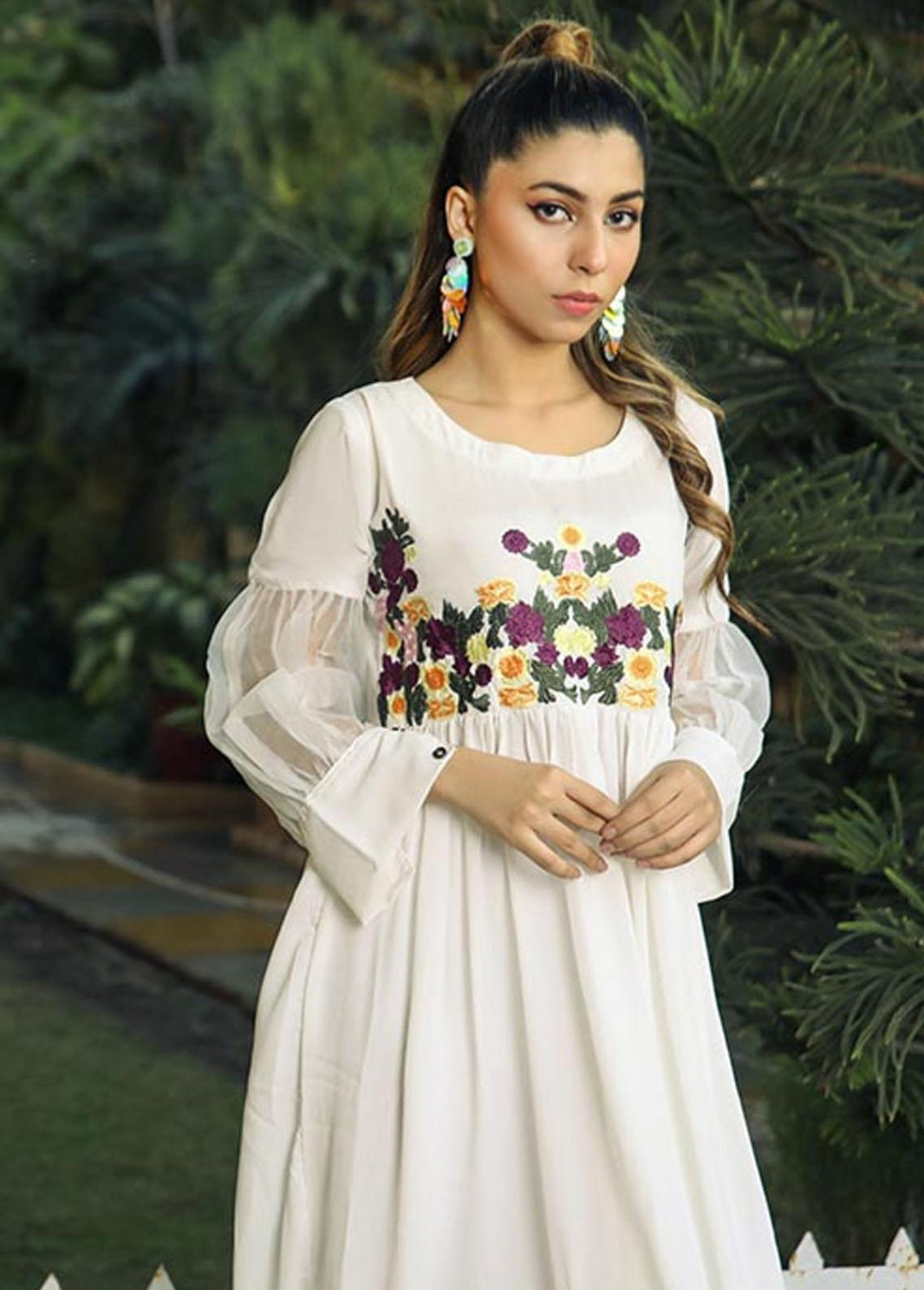 Nazmina Pret Embroidered Crepe Frock NZ23F NE-33 WHITE BASE FLORISTRY