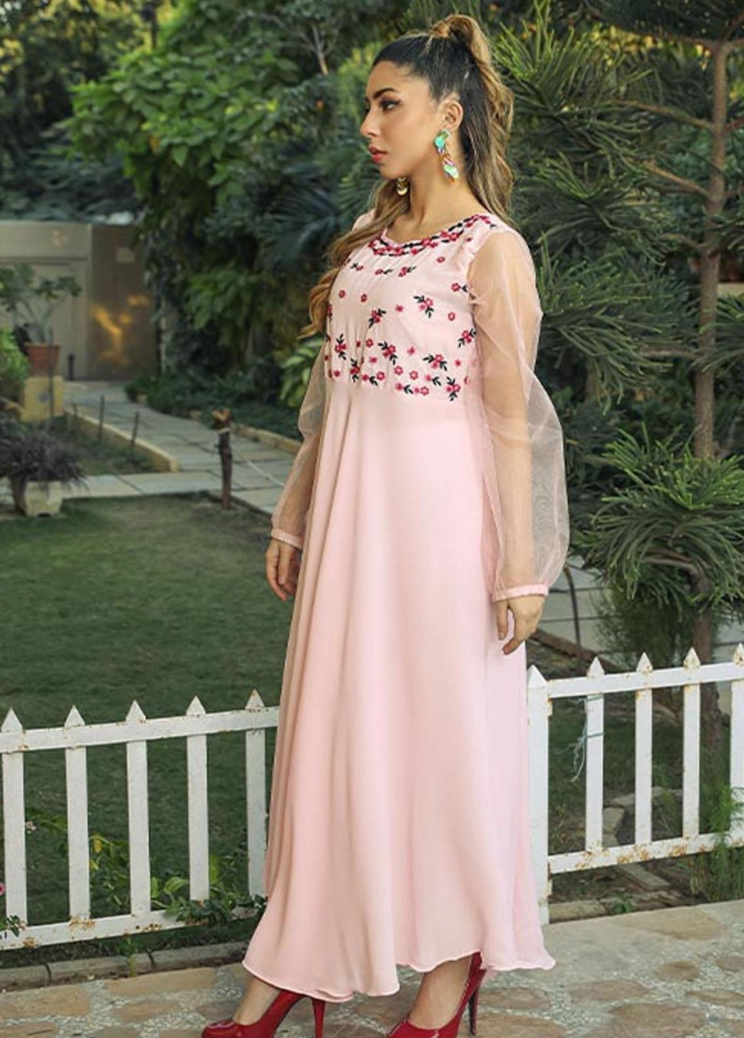 Nazmina Pret Embroidered Crepe Frock NZ23F NE-34 PINK BLOSSOMS