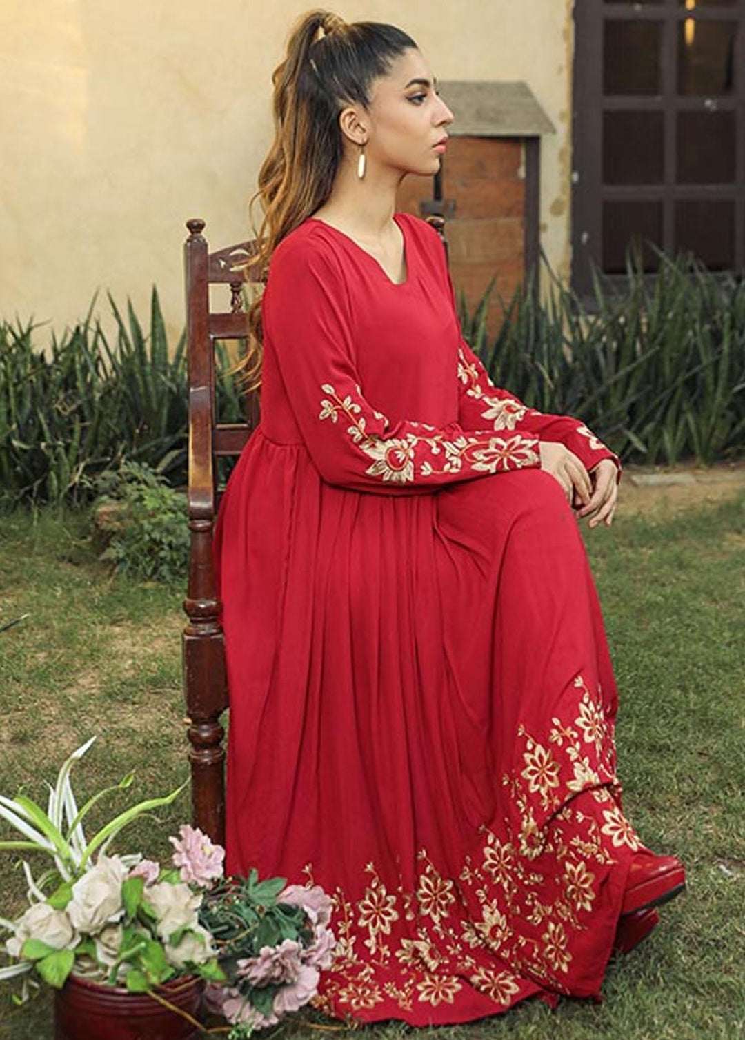 Nazmina Pret Embroidered Crepe Frock NZ23F NE-37 GOLD FLORALS