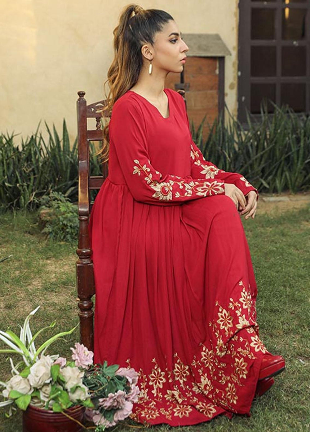 Nazmina Pret Embroidered Crepe Frock NZ23F NE-37 GOLD FLORALS