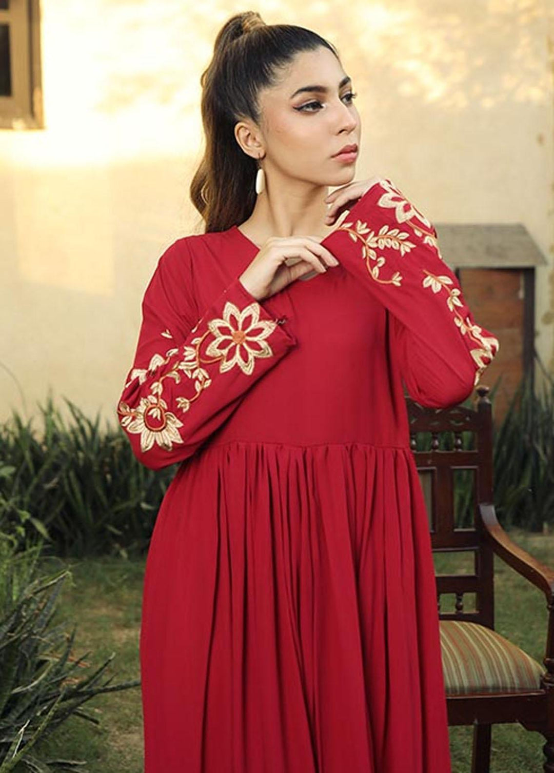 Nazmina Pret Embroidered Crepe Frock NZ23F NE-37 GOLD FLORALS