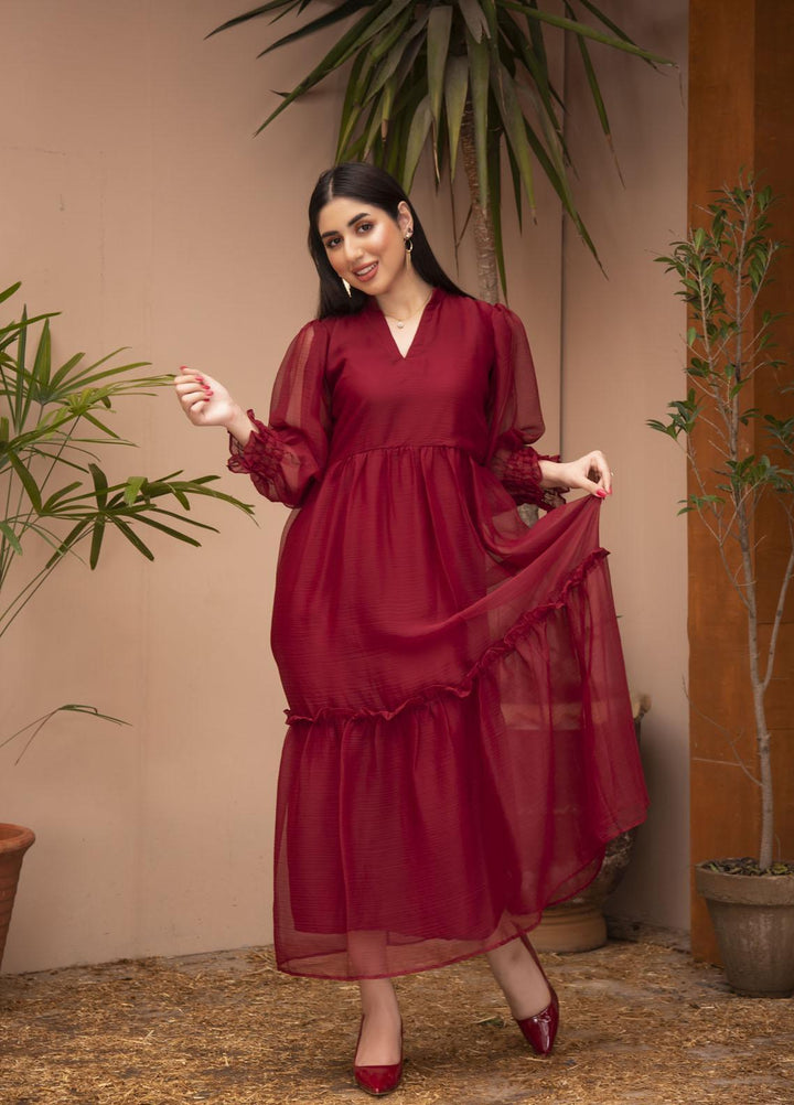 Nazmina Pret  Chiffon Western Dress RUBY RED FR-614