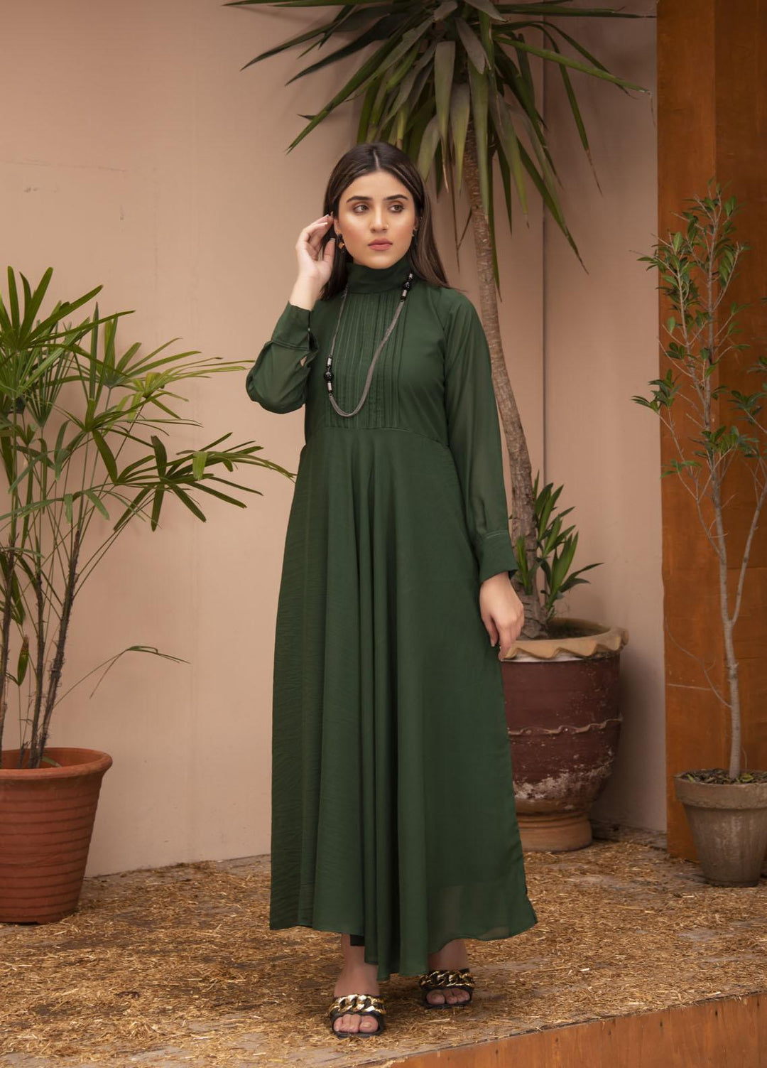 Nazmina Pret  Chiffon Western Dress LEAF GREEN BIRD FR-611