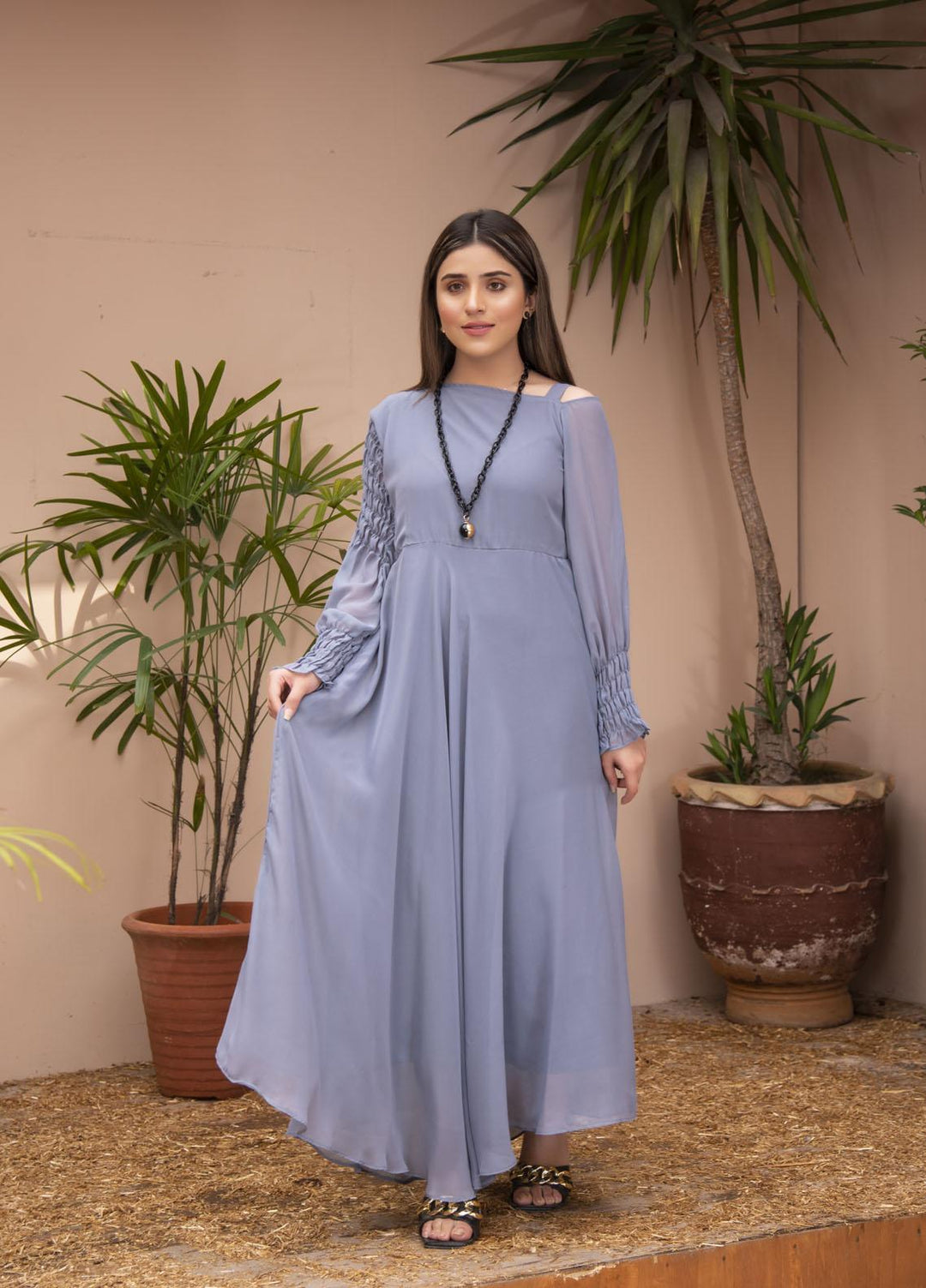 Nazmina Pret  Chiffon Western Dress GREY SHARK FR-618