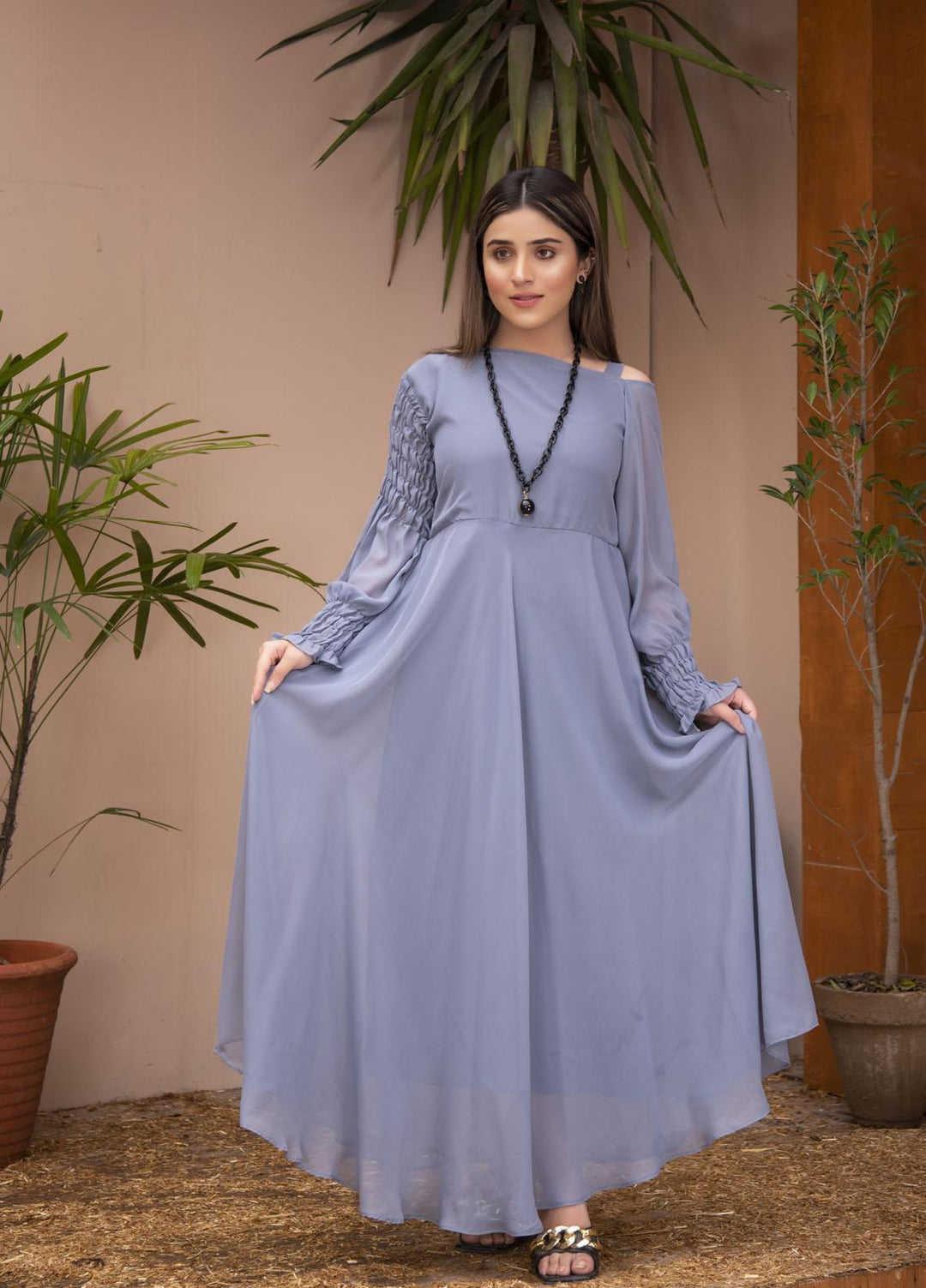 Nazmina Pret  Chiffon Western Dress GREY SHARK FR-618