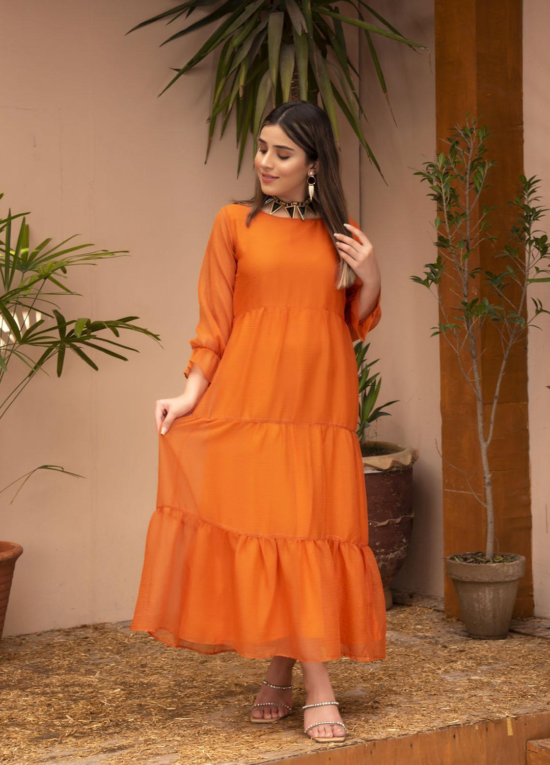 Nazmina Pret  Chiffon Western Dress TANGERINE PEARL FR-617
