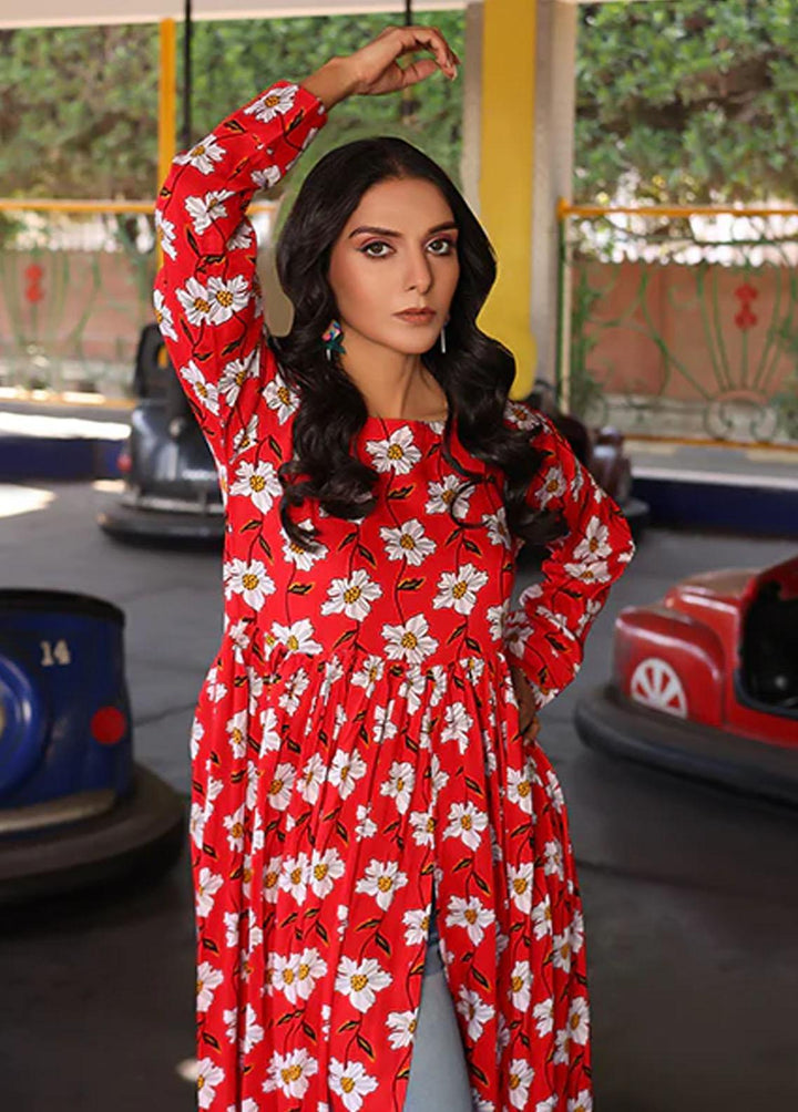 Nazmina Pret Printed Linen Frocks FR-714 Snowy Vermilion