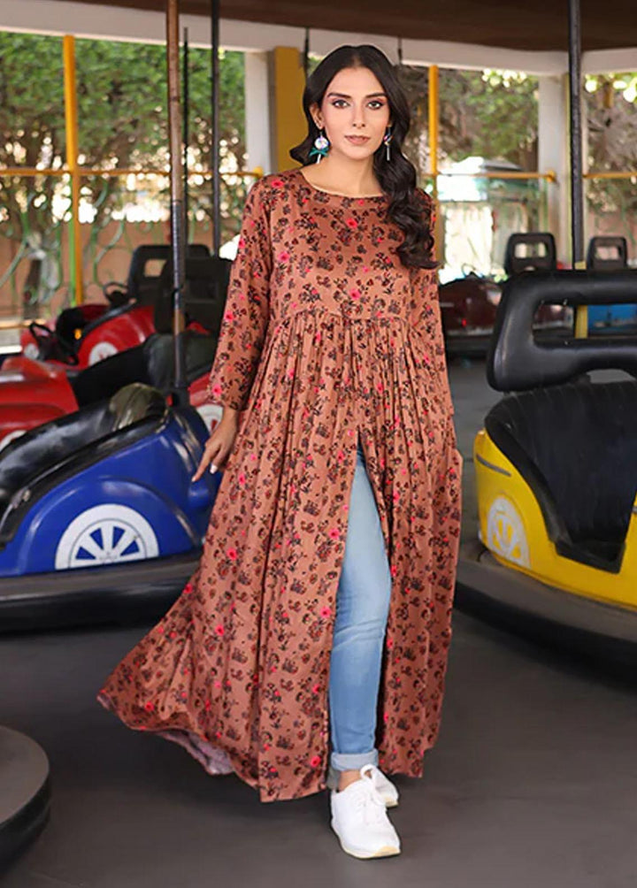 Nazmina Pret Printed Linen Frocks FR-719 Carob Side Slit Dress