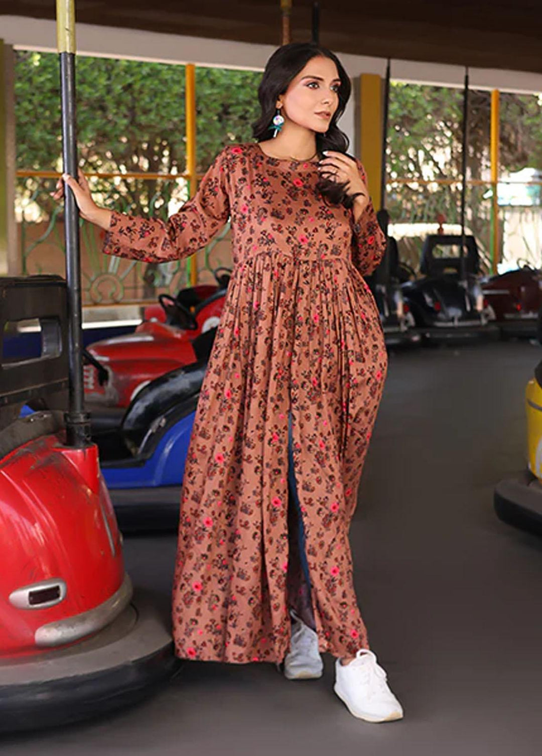 Nazmina Pret Printed Linen Frocks FR-719 Carob Side Slit Dress