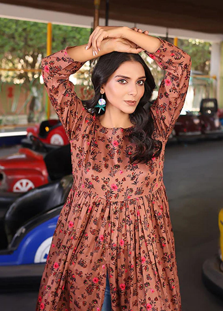 Nazmina Pret Printed Linen Frocks FR-719 Carob Side Slit Dress