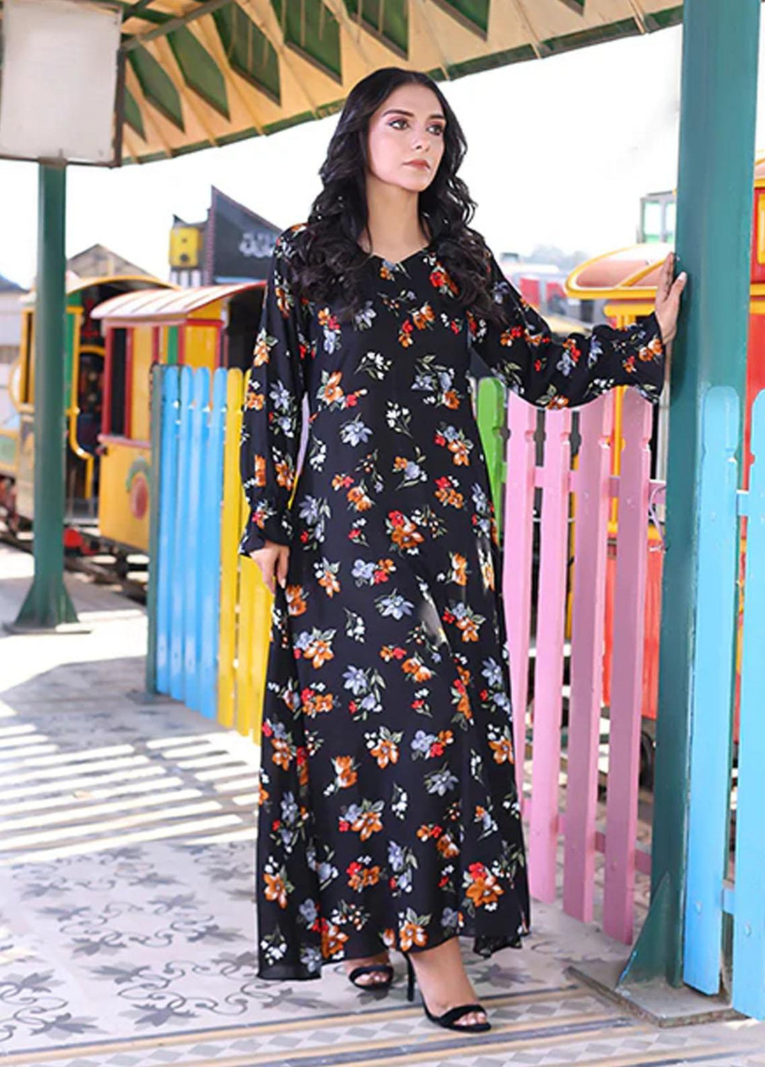 Nazmina Pret Printed Linen Frocks FR-722 Vibrant Floral Black